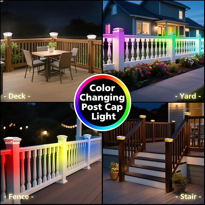 T-SUN Solar Post Cap Lights 6 Pack – Outdoor Waterproof RGB Color Changing Light for 3.5x3.5 4x4 5x5 5.5x5.5 Wood/Vinyl Fence Posts, Solar Deck Lights for Patio, Garden, Porch(White)