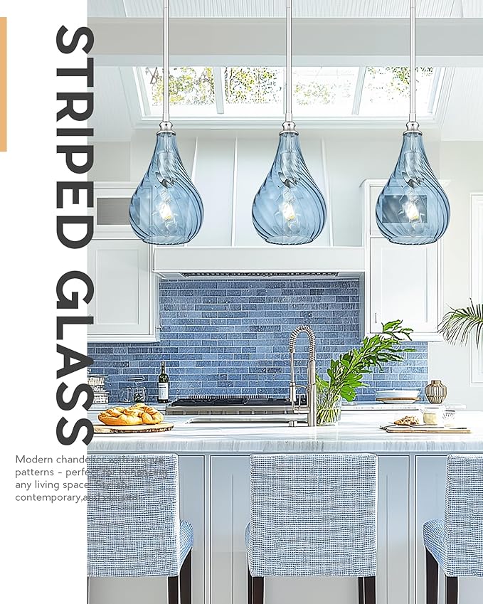 TENGXIN 2 Pack Kitchen Pendant Lighting Over Island 6 Inch,Hanging Pendants Light,Brushed Gold Finished Striped Glass Pendant Light,Farmhouse Pendant Light for Dining Room,Bedroom
