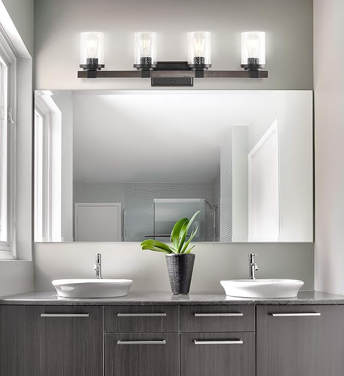 JONATHAN Y 32" Oil Rubbed Bronze LED Vanity Light, Rustic Farmhouse Sconce, Clear Seeded Glass Shade, Industrial Wall Lamp for Bathroom Mirror, Kitchen Sink, LED Bulb (JYL7510A)