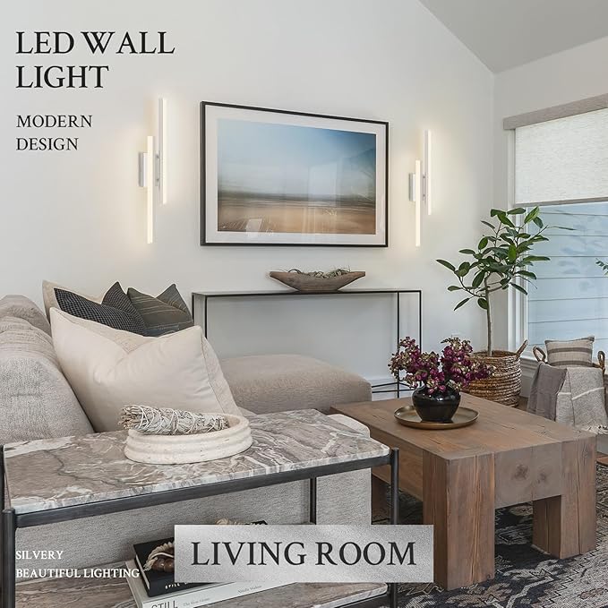 LED Wall Sconce Silver Modern Remote Wall Light Fixtures for Living Room, Dimmable LED Vanity Light Indoor Remote Wall Sconce for Bedside Bedroom Bathroom Dining Room, 23.6inch 1 Pack