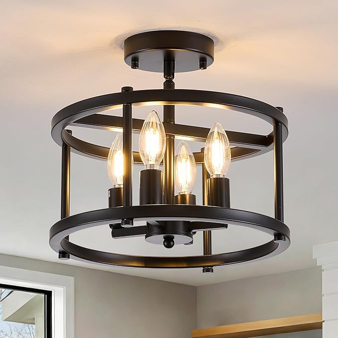 Black Semi Flush Mount Ceiling Light, 4-Light Farmhouse Industrial Ceiling Light Fixture for Hallway Entryway Kitchen Bedroom, Rustic Metal Low Ceiling Light, E12 Base, Bonus Bulbs