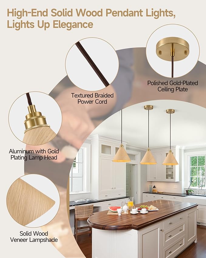 1 Pack Wood Pendant Lights Kitchen Island, 8.3” Small Pendant Light, Adjustable Gold Height Kitchen Hanging Light, Nordic Island Lights for Dining Room, Bedroom, Hallway, Bar(Natural Wood)