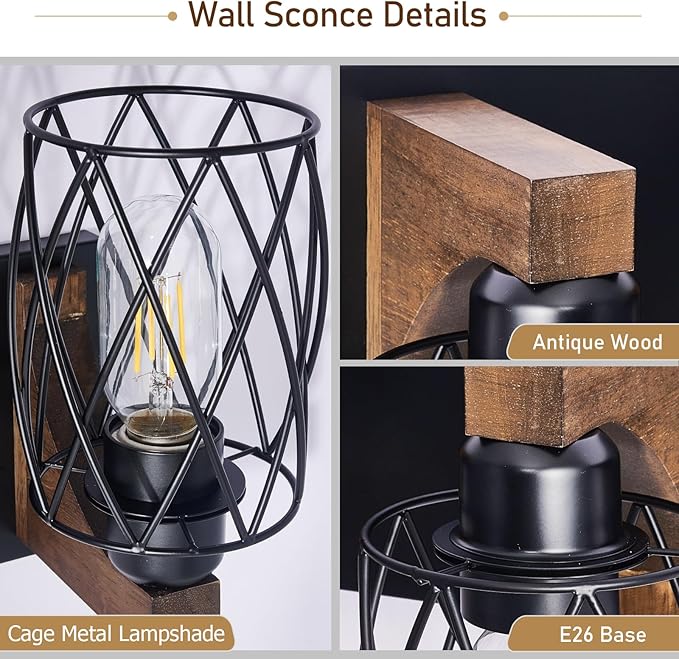 6-Light Farmhouse Vanity Light Fixtures Over Mirror, Black with Cage Metal Shade, Vintage Rustic for Bathroom, Hallway