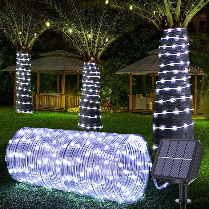 Jnaurb Solar Rope Lights, 33ft 100LED Solar String Lights, 8 Modes Waterproof Solar Outdoor Light, Flexible Clear Trampoline Light for Garden Backyard Patio Deck Porch, Pool Tree Decoration - White