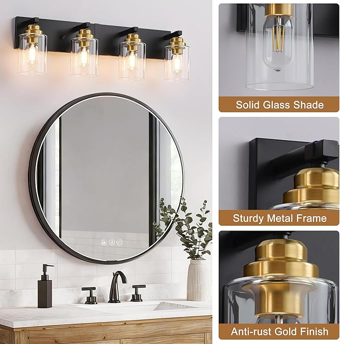 Black and Gold Bathroom Light Fixture, 4 Light Brushed Gold Vanity Light, 27.5" Modern Farmhouse Bathroom Lighting Fixtures Over Mirror, with Clear Glass Shade, Vanity Lights for Bedroom Hallway