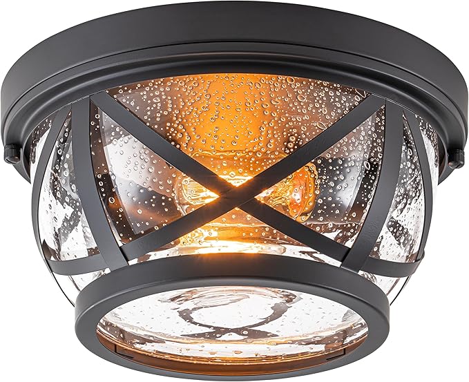 Oil-rubbed Bronze Flush Mount Ceiling Light Fixtures, 2-Light Farmhouse Porch Light Ceiling Mount with Seeded Glass, Industrial Outdoor Indoor Flush Mount Light Fixture for Kitchen Entryway & Foyer