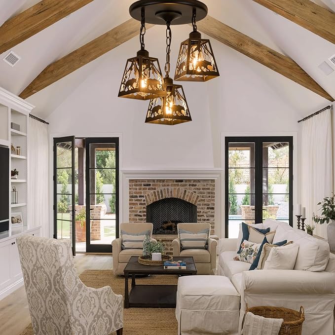 Farmhouse Rustic Ceiling Light Fixture,Black Metal Cage Pendant Lights Kitchen Island with Bear,Industrial Hanging Pendant Lighting for Dining Room Bedroom Entryway Hallway Foyer