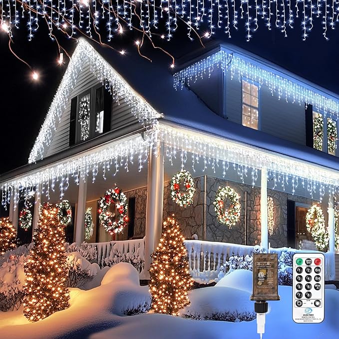 Icicle LED Christmas Lights Outdoor, 624 LED 59FT 8 Modes with 96 Drops Cool White Icicle Lights,Outdoor Indoor Fairy String Lights for Christmas Party,Holiday,Wedding Decorations