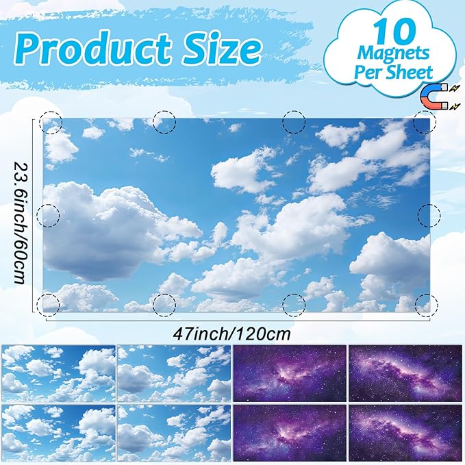 Wiooffen 8Pcs Fluorescent Light Covers for Classroom Ceiling Light 4x2Ft Magnetic Lights Covers Filter Easy Install for Office School Hospitals Ceiling Supply(Purple Starry Sky, White Cloud)