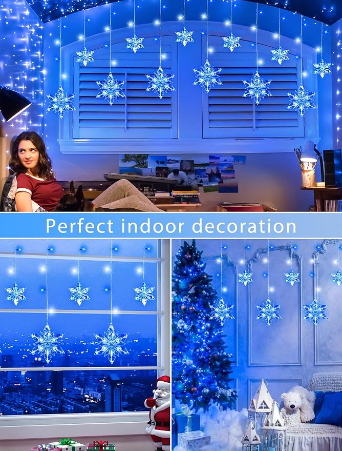 Christmas Snowflake Lights,8.2ft 144LED Curtain Icicle Lights with 12 Drops,Connectable 8 Modes Timer Xmas Icicle Light Plug in for Bedroom,Window,Wedding,Indoor Outdoor Decor,Blue White