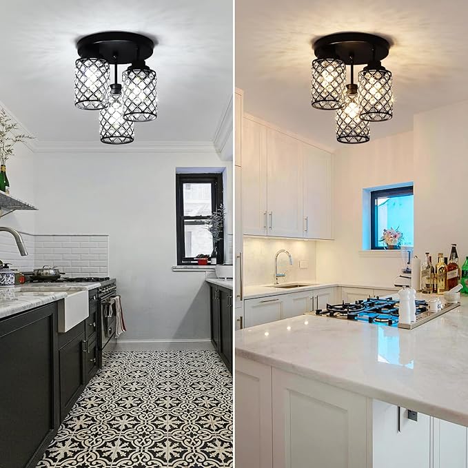 Semi Flush Mount Ceiling Light, 3-Light Close to Ceiling Light Fixtures with Crystal Metal Shade, Modern Crystal Chandelier for Bedroom Entryway Kitchen Hallway