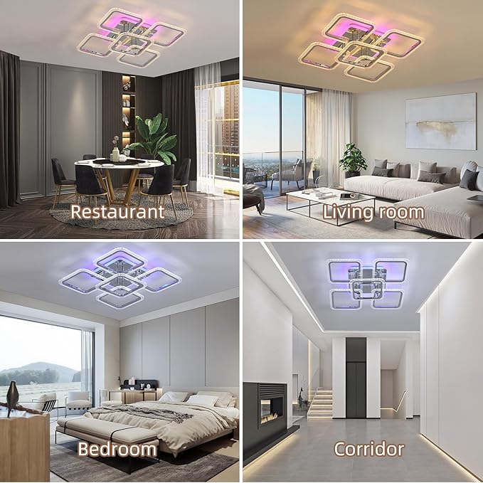 Modern LED Ceiling Lights,80W Flush Mount Ceiling Light with Remote,5 Squares Dimmable Brightness, Adjustable 3000-6000K Color Temperature for Living Room,Laundry Room,Hallway,Chrome