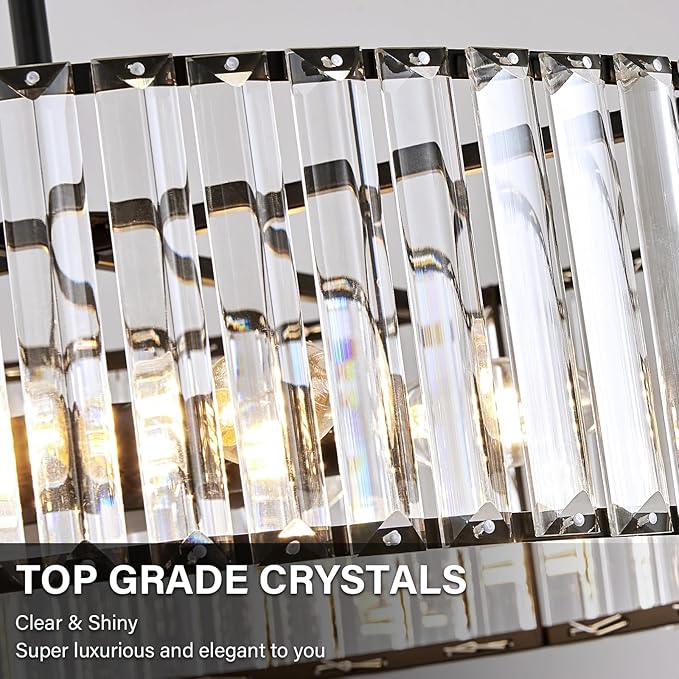 Black Crystal Ceiling Light Fixture, Modern Semi Flush Chandelier, Round Hanging Lighting Chandeliers for Dining Room, Kitchen, Bedroom, 6-Light, 19.68 Inch