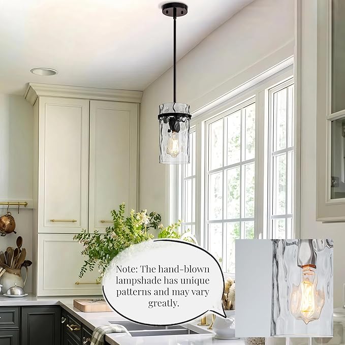 Farmhouse Hammered Glass Pendant Light, 5.5" Black Pendant Light, Modern Pendant Light Fixtures Over Island Lights for Kitchen Dining Room Light for Farmhouse Pendant Lighting 1 Pack