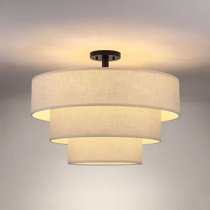 3 Tier 24" White Cream Drum Fabric Semi Flush Mount Light Modern Farmhouse Decor 7 Light Black Finish for Kitchen Living Room Dining Room Corridor Hallway