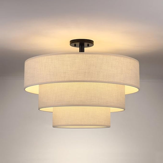 3 Tier 24" White Cream Drum Fabric Semi Flush Mount Light Modern Farmhouse Decor 7 Light Black Finish for Kitchen Living Room Dining Room Corridor Hallway