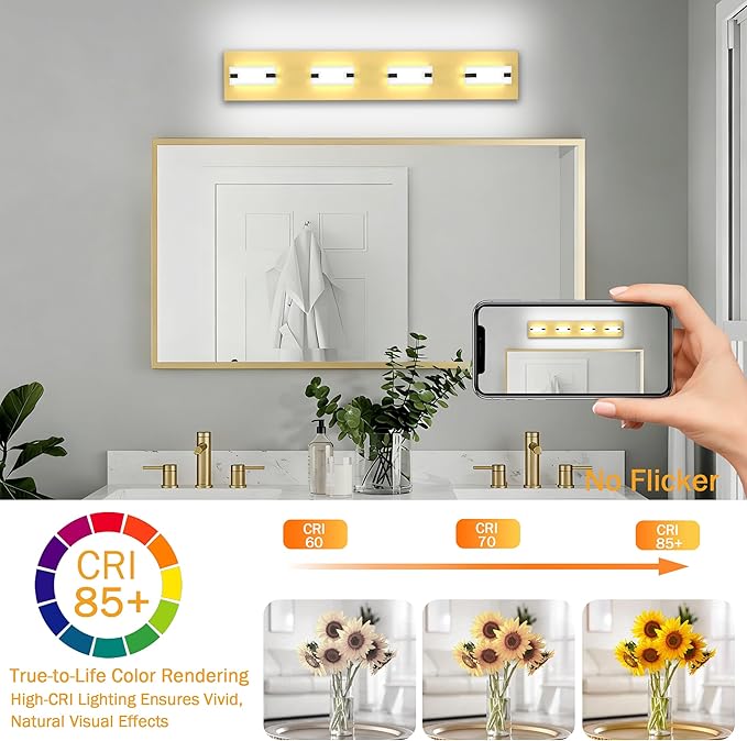LED Bathroom Light Fixtures, 4-Light Modern Vanity Lights with Milky White Frosted Acrylic Shades, Gold Bathroom Lighting fixtures Over Mirror, ETL Listed, 27W (Cool White 5700K)