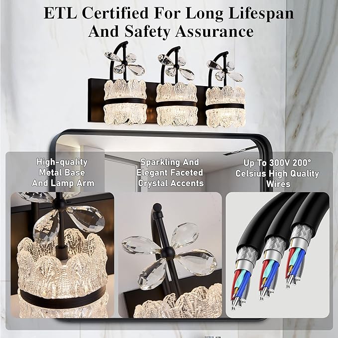 Bathroom Lights Over Mirror - Makeup Lighting Black - Bathroom Vanity Light with Acrylic Shades for Bath, Makeup Desk, Farmhouse, Hallway, 3-Light