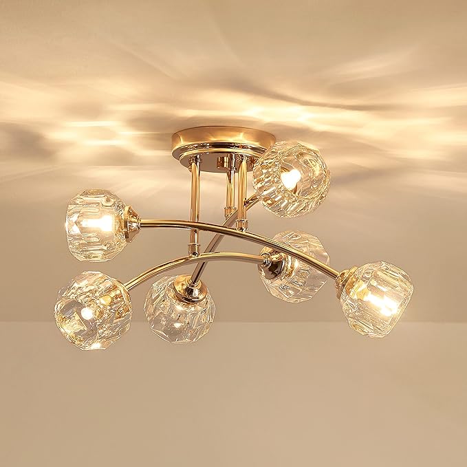 AGV LIGHTING Modern Spuntnik Crystal Ceiling Light Fixture, Semi Flush Mount Ceiling Light, G9 Base 6-Lights, D16 x H10, Clear Crystal & Shining Gold Finish Metal Frame