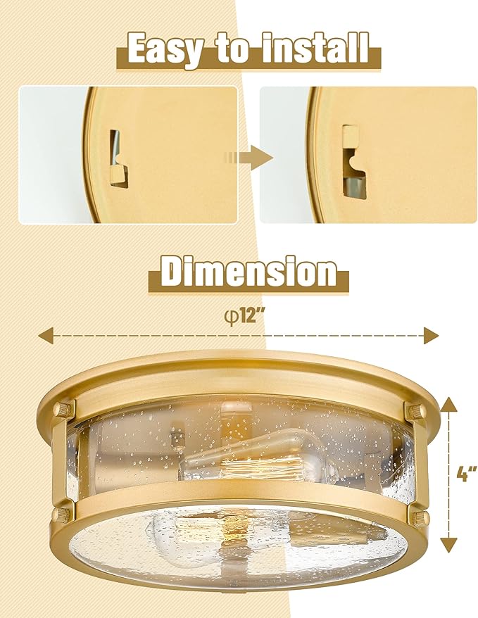 Flush Mount Ceiling Light Fixture, 2 - Lights Farmhouse Ceiling Light, Industrial Seeded Glass Light Fixtures with Metal Cage for Hallway Porch Corridor Kitchen Bathroom Bedroom Passway - Gold