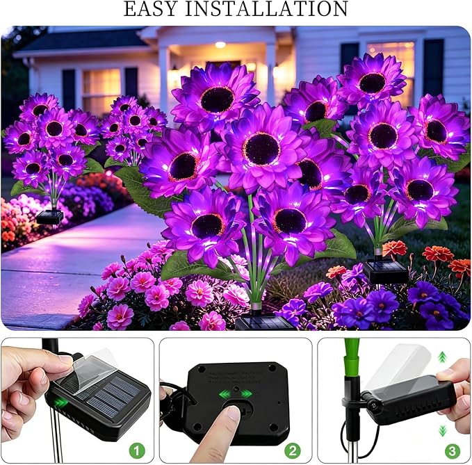 Solar Lights Outdoor, Gift for Women Mom Grandma Friends, 6 Pack 36 Solar Purple Sunflower Lights, Solar Flower Lights Waterproof, Outside Sunflower Decor Lights For Landscape Yard Patio Lawn Pathway