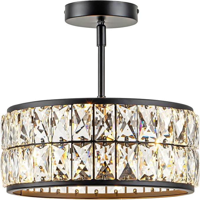 3-Light Crystal Ceiling Light, Modern Semi Flush Mount Ceiling Light, Black Crystal Chandelier for Kitchen Bedroom Bathroom Entryway Hallway