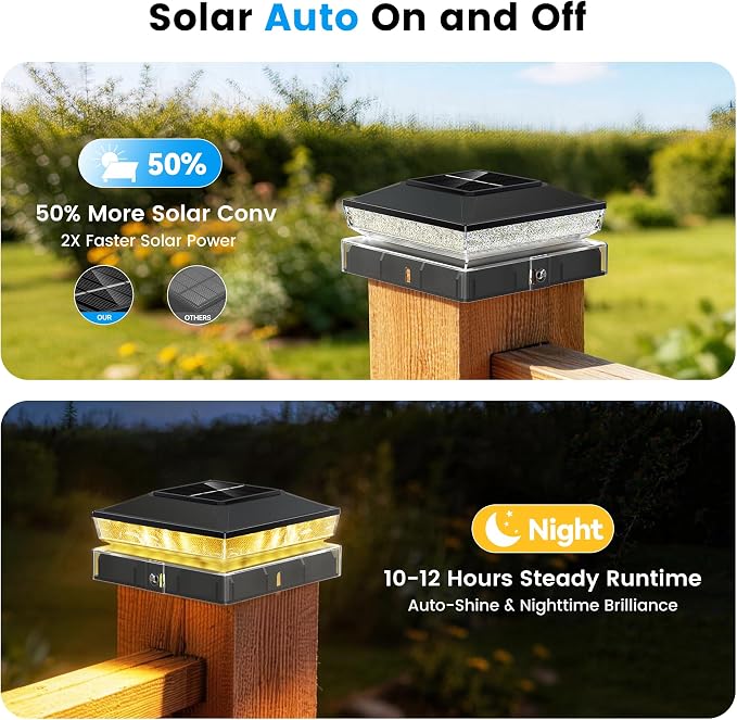 Solar Post Cap Lights 2 Pack, IP65 Waterproof Outdoor Fence Post Solar Lights for 3.5x3.5 & 4x4 Wood/Vinyl Posts, 10-12 Hours Upgraded Warm/Cool White Glow for Garden/Patio/Porch - Inky Black