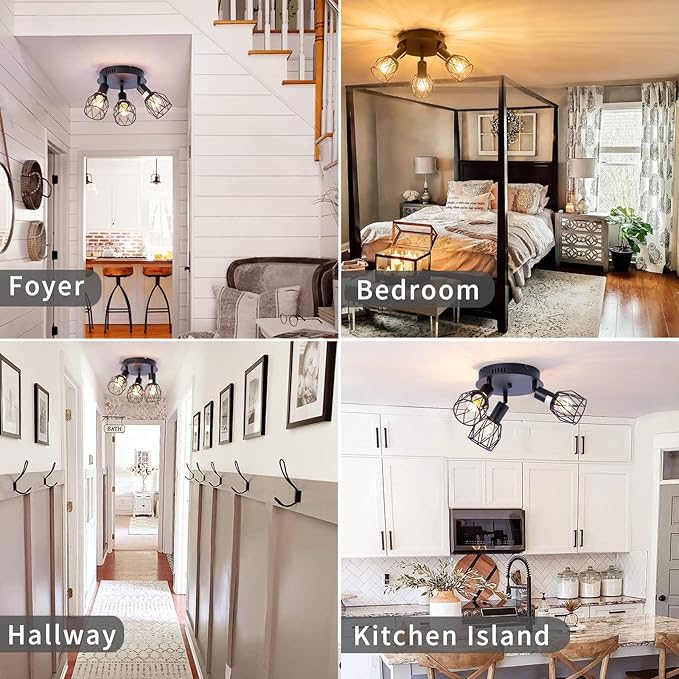 Industrial Semi Flush Mount Ceiling Light, 3-Light Multi-Directional Ceiling Light Fixtures, Vintage Black Metal Wire Cage Farmhouse Pendant Lighting for Kitchen Dining Room Hallway Foyer Bedroom E26