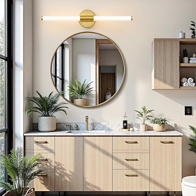 LED Bathroom Light Fixtures, Gold Vanity Lights for Bathroom, 360° Full Lighting Dimmable LED 24 inch Vanity Light Bar Over Mirror, Hardwired Modern Wall Sconce Warm White for Bedroom Living Room