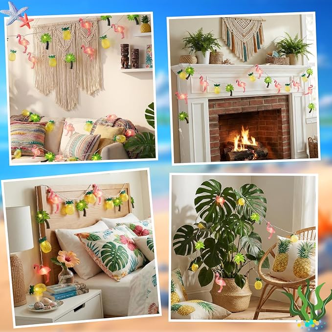 PASUTO Summer Beach Hawaiian String Lights, 10 LED Tropical String Lights, Hawaiian Tropical Beach Pool Party Decorations, Flamingo Pineapple Palm Tree Light Indoor Outdoor, Connectable Plug