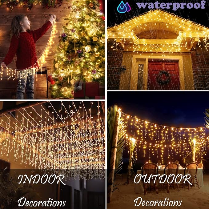 BLOFUN LED Lamps Outdoor Icicle Lights, 32.8 ft 400 LED - 8 Modes Curtain String Lights for Indoor/Outdoor, Wedding, Party, Holiday