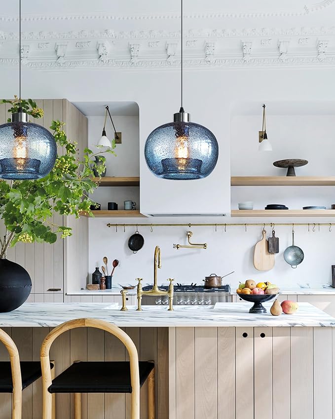 CASAMOTION Pendant Lighs Kitchen Island Hand Blown Glass Marble Blue Color Modern Rustic Style Ceiling Hanging Light Fixtures Dining Room Brushed Nickel 8.7 Inch Diam 2 Pack