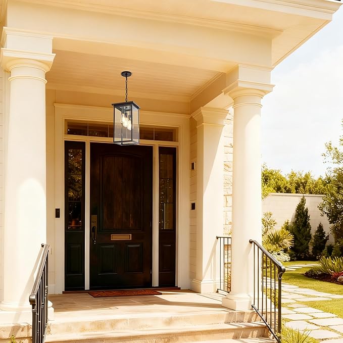 3-Light Outdoor Indoor Chandeliers,Oil Rubbed Bronze Pendant Light with Clear Glass Shade,Exterior Hanging Lantern for Front Porch Entrance Foyer Entryway (Bulb Not Included)