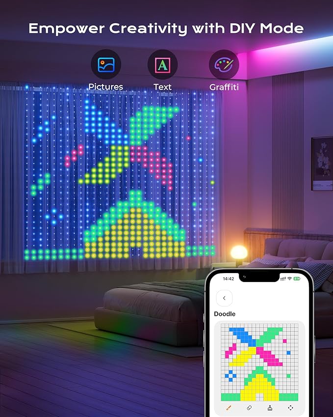 1040 LEDs Smart Curtain Lights with DIY GIF, 9.8x6.6ft Color Changing Christmas Wall Lights with APP, IP65 Waterproof String Fairy Lights for Indoor Outdoor Bedroom Window Garage