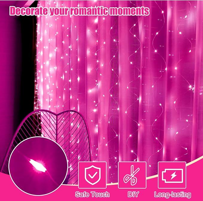 Pink Curtain Light for Bedroom, 300 LED 9.8ft x 9.8ft Window Fairy Curtain String Light with 16 Hooks, 8 Models Remote Control for Wedding Party Home Garden Indoor Decorations