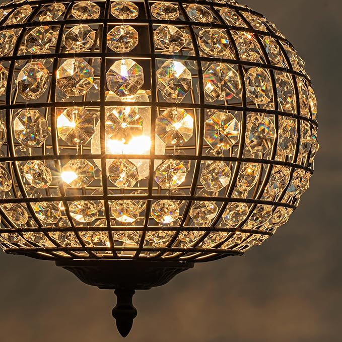 Globe Chandelier, 12" Vintage Crystal Black Dining Room Light Fixture with Gold Accents Crystal Pendant Light Antique Foyer Chandeliers for Bedroom Living Room Hallway Entryway