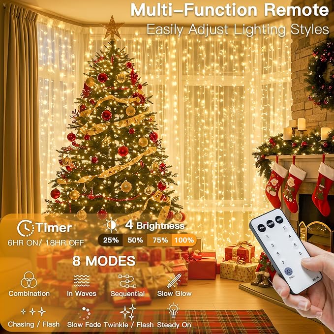 suddus 600 LED Christmas Curtain Lights Outdoor, 9.8x19.6ft Curtain Lights Plug in with Remote, Wall Hanging Lights for Christmas,Dorm,Wall,Window,Wedding,Party,Birthday Decor,Warm White