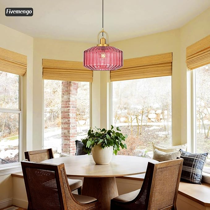 11.8in Mid Century Modern Wine Red Glass Pendant Light Fixture, Large Gold Kitchen Island Pendants Light Glass Ceiling Hanging Lamp for Foyer Dining Room Bedroom Entryway Hallway Over Sink
