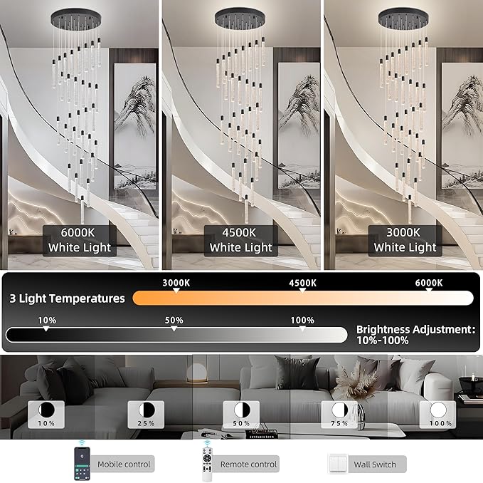 30-Light Black High Ceiling Chandeliers Modern Crystal Chandeliers for Entryway Long Spiral LED Dimmable Chandelier Flush Mount Ceiling Staircase Foyer Living Room Ceilings Light Fixture