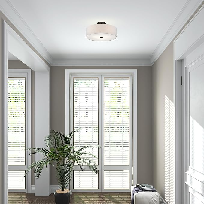 Livex Lighting 52135-92 Meridian Collection 3-Light Semi Flush Mount Ceiling Fixture with Oatmeal Color Fabric Hardback Drum Shade and Satin White Diffuser, English Bronze