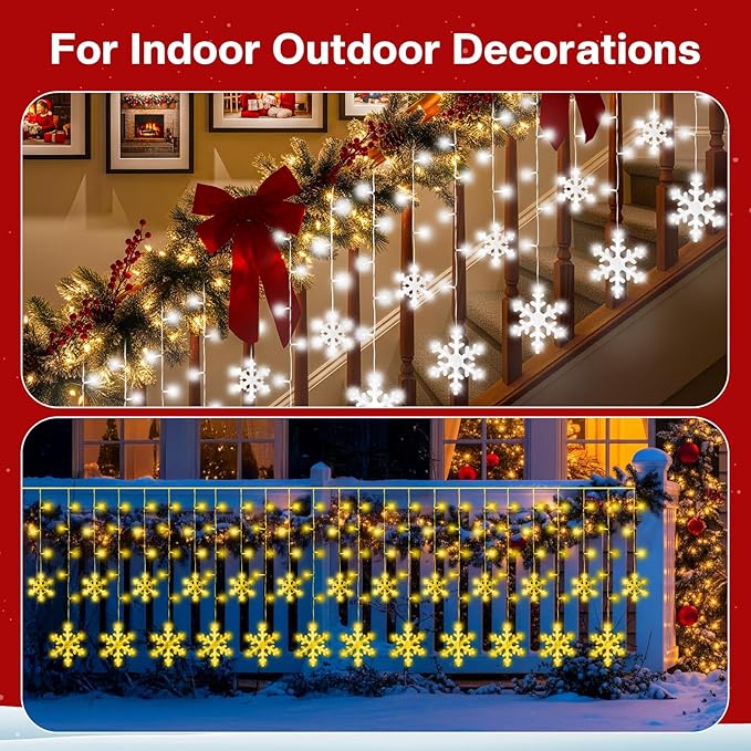 16FT Smart Icicle Lights with Snowflake for Outside, App Control DIY Color Changing 16 Drops 208LEDs Outdoor Christmas Lights Plug In Window Curtain Light for Room, Roofline, Eaves, Patio