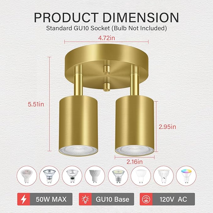 BoostArea LED 2 Light Track Lighting Kit, LED Track Lighting Fixtures, Gold Round Ceiling Spot Lighting, Flexibly Rotatable Light Head for Kitchen, Living Room, Bedroom, GU10 Bulb Not Included