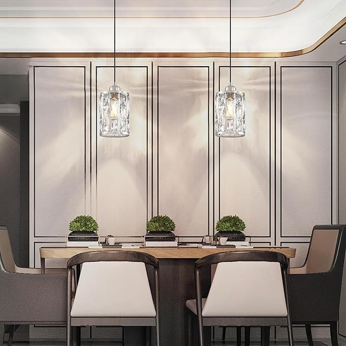 2 Pack 1 Light 5.4" Crystal Shade Hanging Kitchen Island Pendant Light Brushed Nickel Finish,Modern Pendant Fixture with Crystal Metal Shade for Bar,Dining Room,Living Room Over Sink