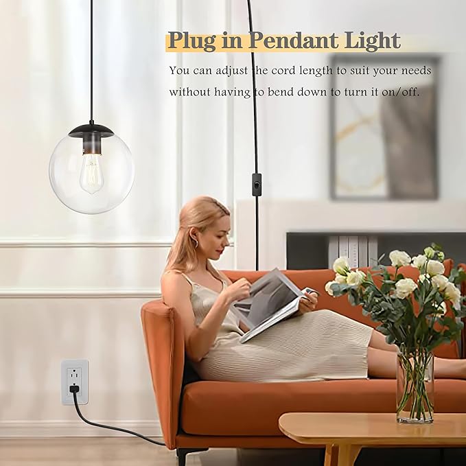 KoKo&Yukina 10" Globe Pendant Light Black Plug in Pendant Light Adjustable Hanging Lights with Plug in Cord Matte Black Finished with Clear Glass Lampshade for Bedroom Kitchen Island（Bulb Included）