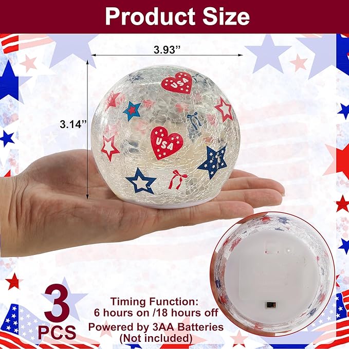 3PCS Independence Day Decorative Lights, 3.93-inch Independence Day Desktop Decoration LED Night Light, Cracked Glass Ball Light with Timer, 4th of July Decoration (Love)