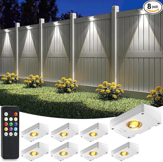 VOLISUN Solar Fence Lights with Remote Control, Fence Lights Solar Powered, IP65 Waterproof LED, RGB Color Changing Solar Light for Fence, Yard, Wall, Backyard (8 Pack,White)