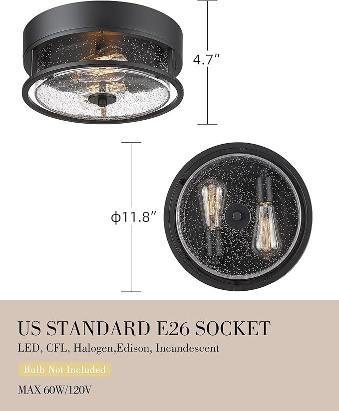 Black Flush Mount Ceiling Light, HWH Industrial Close to Ceiling Light Fixture with Seeded Glass Shade, 12'' Light Fixture Ceiling for Hallway, Farmhouse, Foyer, Laundry, Matte Black, 5HWY65F BK