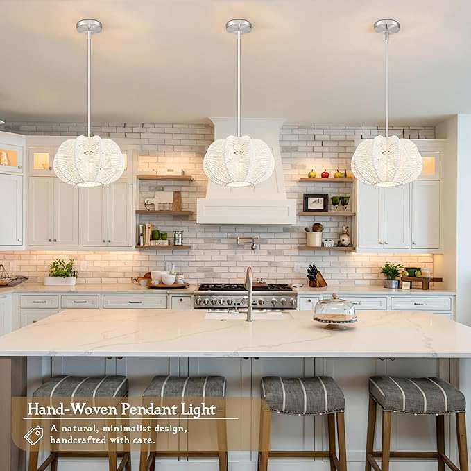 White Rattan Pendant Light 12.6 in Hemp Rope Rattan Light Fixture Woven Pendant Wicker Chandelier Boho Chandelier for Kitchen