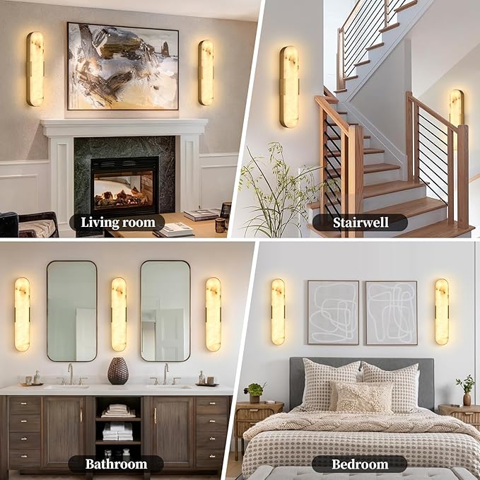 20 in Gold Alabaster Wall Sconces 2 Pack Spanish Natural Marble Wall Lights Indoor Brass Marble Wall Lighting Bathroom Vanity Light LED Alabaster Wall Lamps for Bedroom Hallway Dining Room