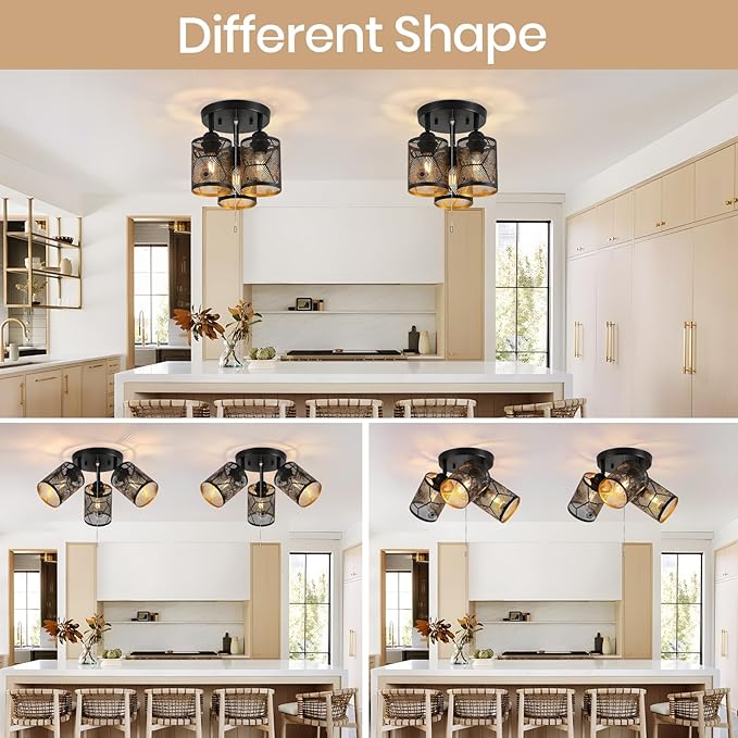 SEEBLEN 3 Light Modern Kitchen Ceiling Light with Pull Chain,Black Round Directional Ceiling Spotlight,Farmhouse Flush Mount Pull String Ceiling Light for Kitchen, Laundry, Bedroom, E26 Base.